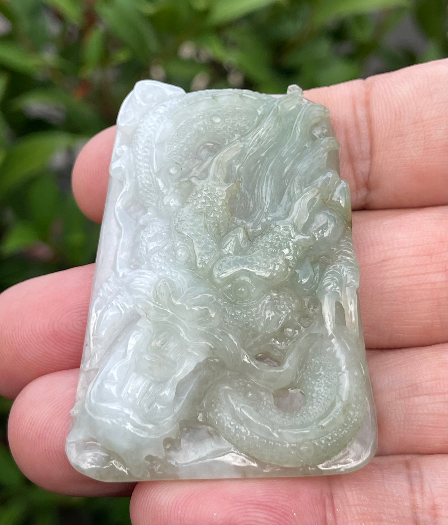 Natural Certified Burmese Jadeite Jade Pendant – Icy Moss Green & Milky White – Hand-Carved Dragon Motif – JP058