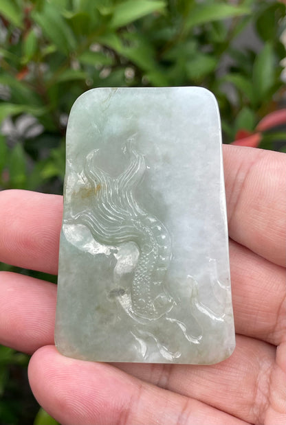 Natural Certified Burmese Jadeite Jade Pendant – Icy Moss Green & Milky White – Hand-Carved Dragon Motif – JP058