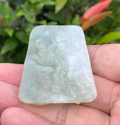 Natural Certified Burmese Jadeite Jade Pendant – Icy Moss Green & Milky White – Hand-Carved Dragon Motif – JP058