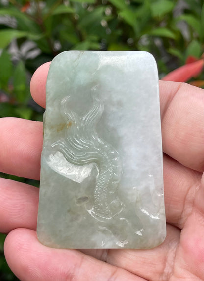 Natural Certified Burmese Jadeite Jade Pendant – Icy Moss Green & Milky White – Hand-Carved Dragon Motif – JP058