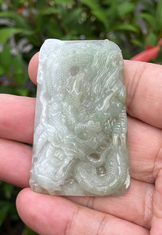Natural Grade A Certified Burmese Jadeite Jade Pendant – Icy Moss Green & Milky White – Hand-Carved Dragon Motif – JP058