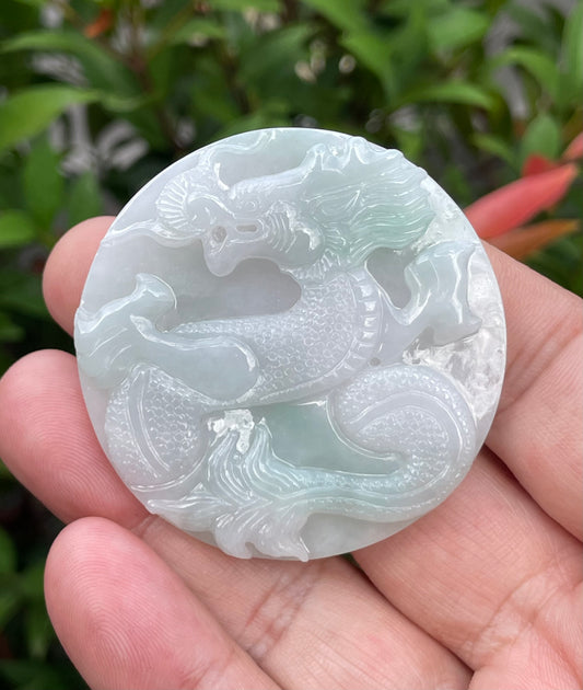 Natural Grade A Certified Burmese Jadeite Jade Pendant – Imperial Green & Bluish Milky White – Hand-Carved Dragon Motif – JP054