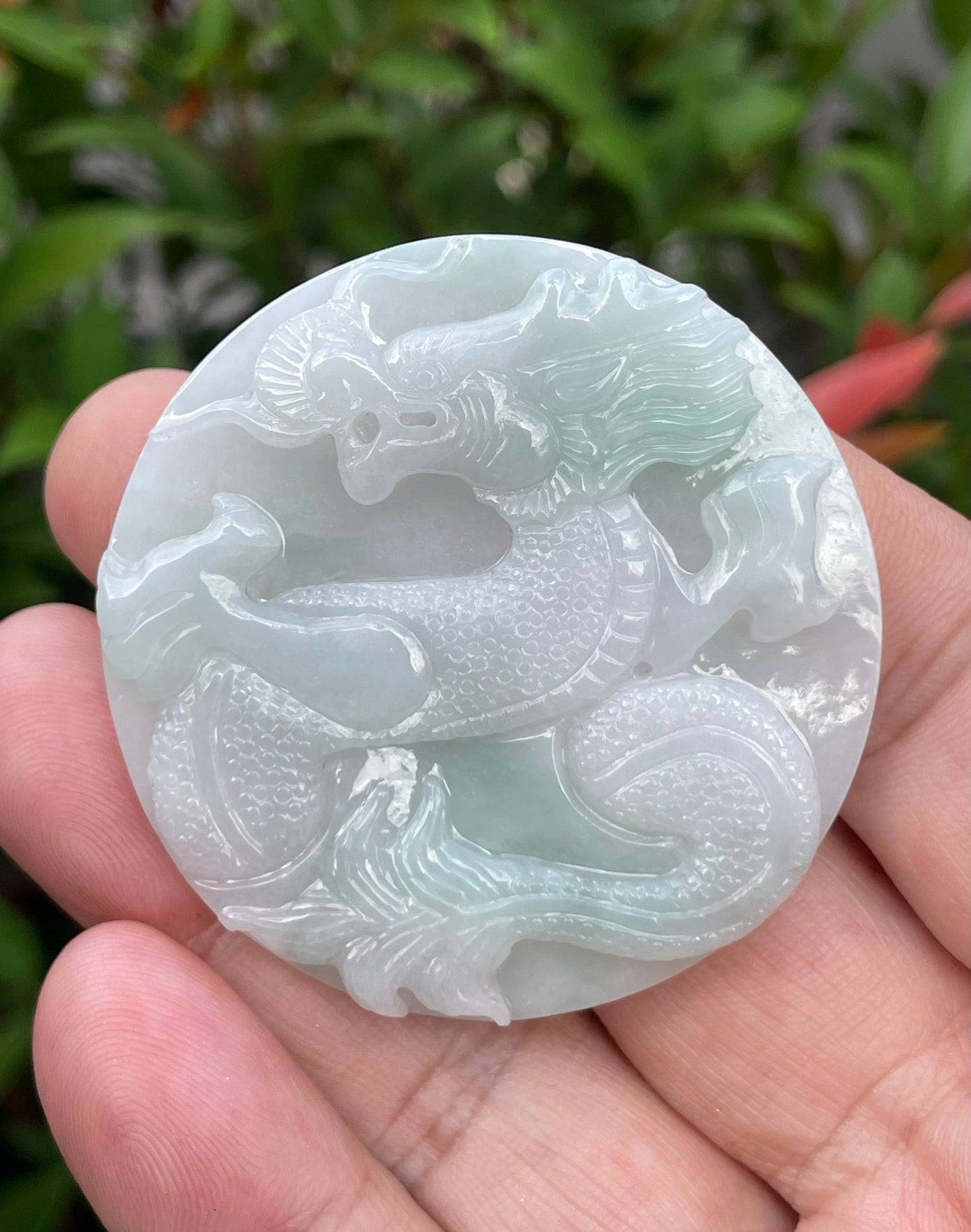 Natural Certified Burmese Jadeite Jade Pendant – Imperial Green & Bluish Milky White – Hand-Carved Dragon Motif – JP054
