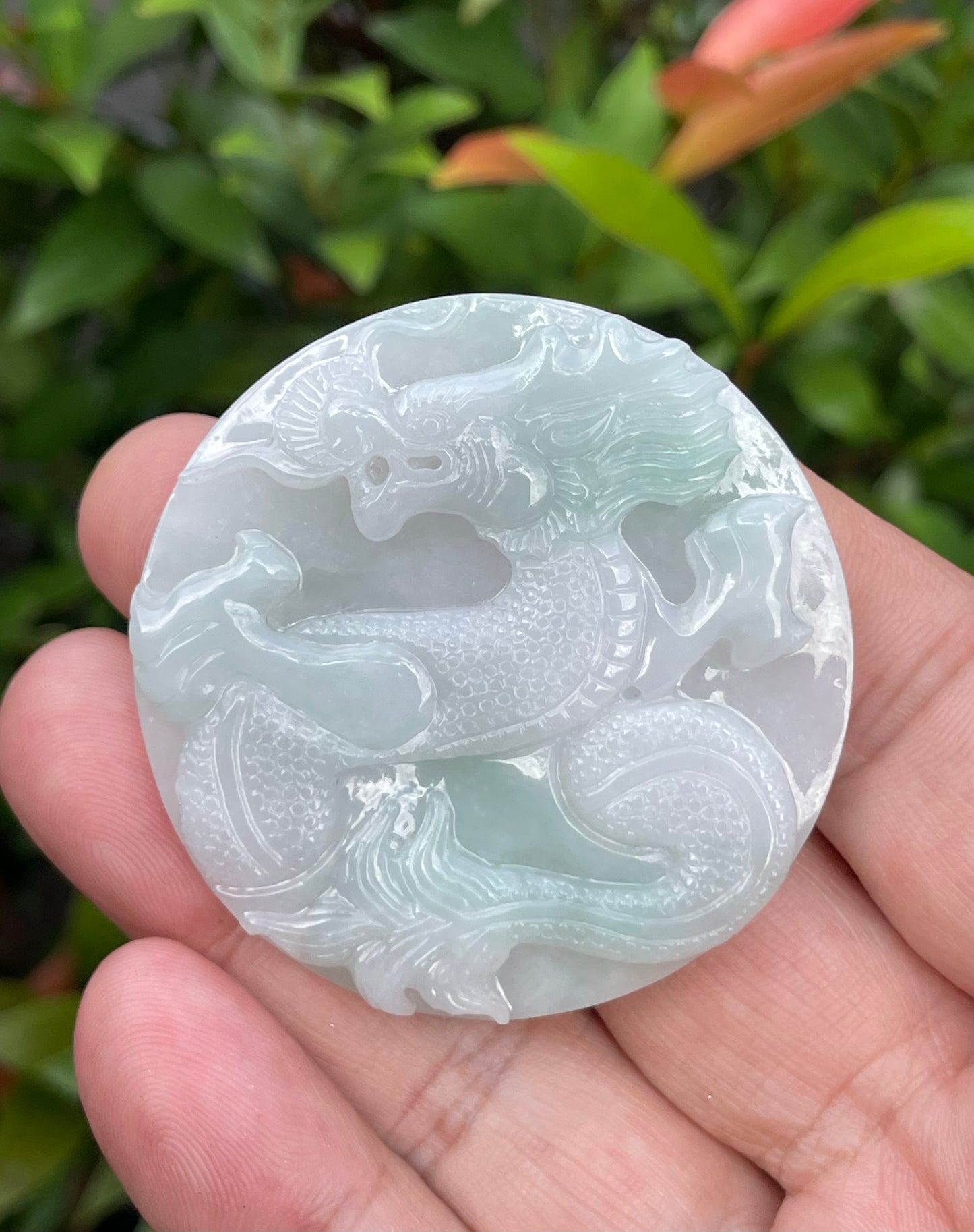 Natural Certified Burmese Jadeite Jade Pendant – Imperial Green & Bluish Milky White – Hand-Carved Dragon Motif – JP054