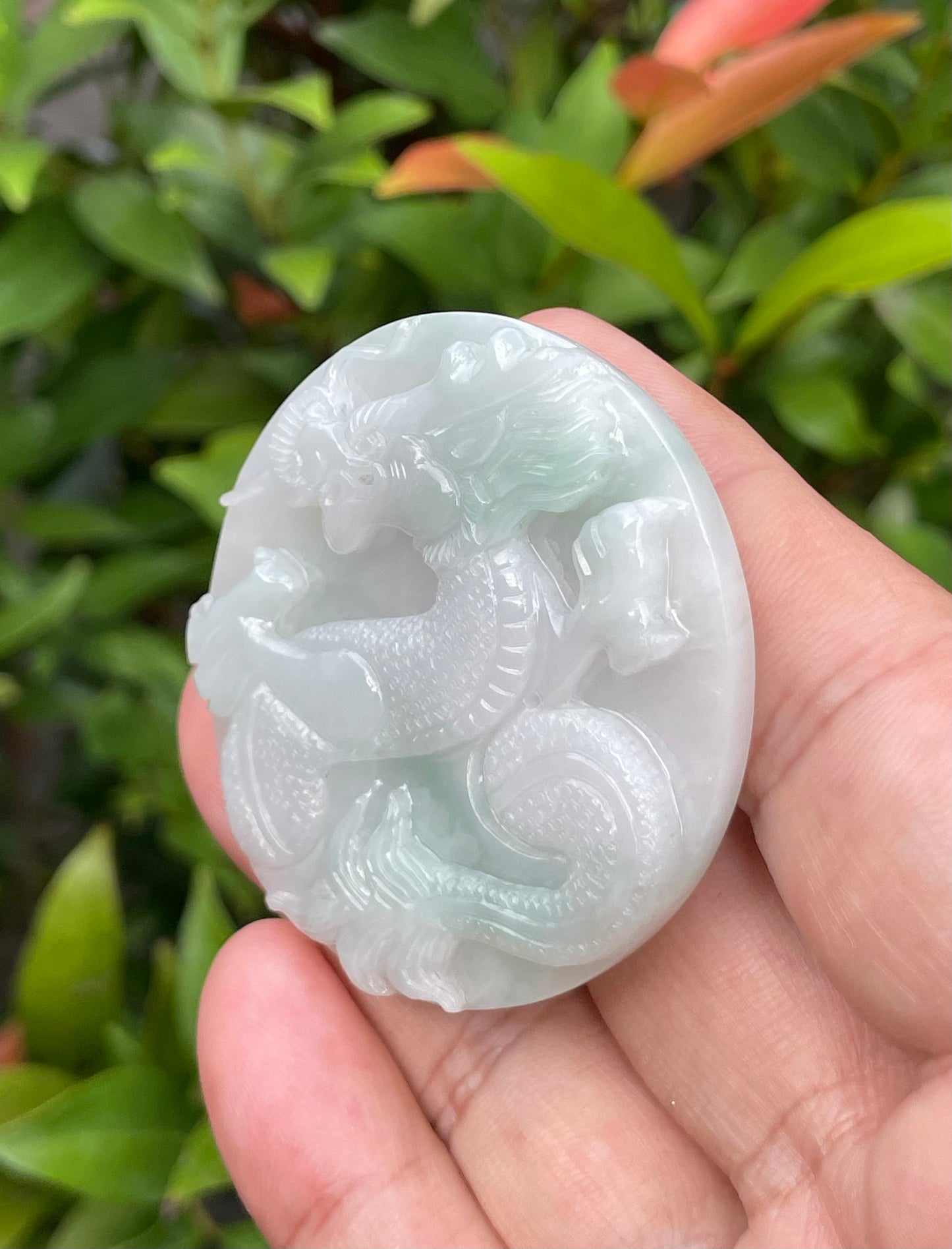 Natural Certified Burmese Jadeite Jade Pendant – Imperial Green & Bluish Milky White – Hand-Carved Dragon Motif – JP054
