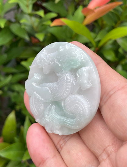 Natural Certified Burmese Jadeite Jade Pendant – Imperial Green & Bluish Milky White – Hand-Carved Dragon Motif – JP054