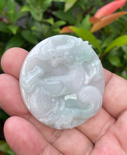 Natural Certified Burmese Jadeite Jade Pendant – Imperial Green & Bluish Milky White – Hand-Carved Dragon Motif – JP054