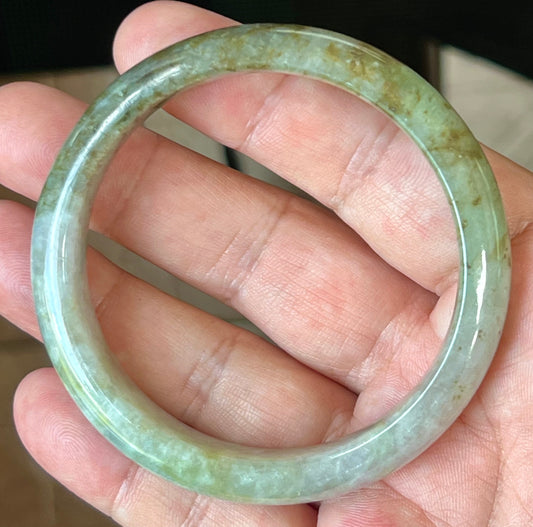 Natural Grade A Burmese Jadeite Jade Bangle – Icy Grayish Milky White with Forest Green & Honey Hues – 58.8mm – JB512