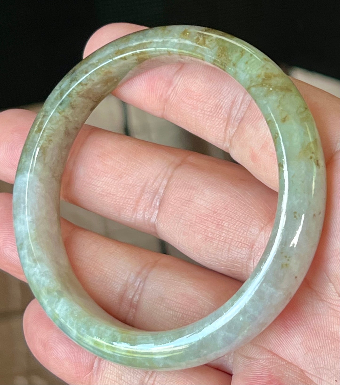 Natural Burmese Jadeite Jade Bangle – Icy Grayish Milky White with Forest Green & Honey Hues – 58.8mm – JB512