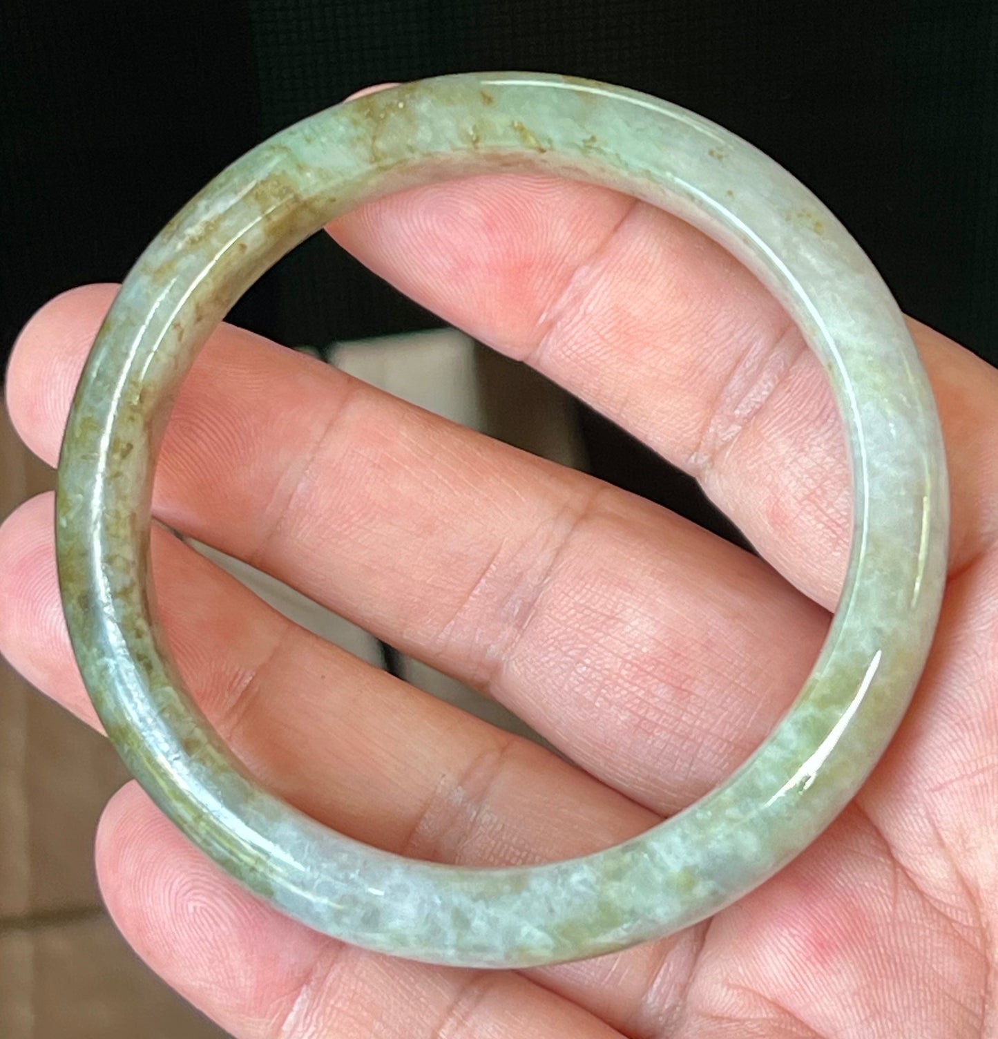Natural Burmese Jadeite Jade Bangle – Icy Grayish Milky White with Forest Green & Honey Hues – 58.8mm – JB512