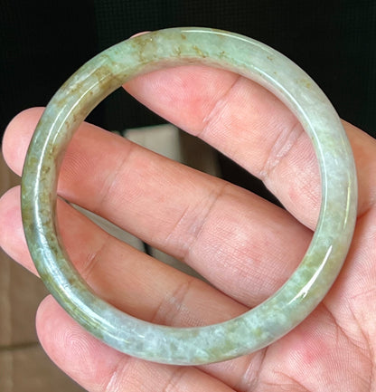 Natural Burmese Jadeite Jade Bangle – Icy Grayish Milky White with Forest Green & Honey Hues – 58.8mm – JB512
