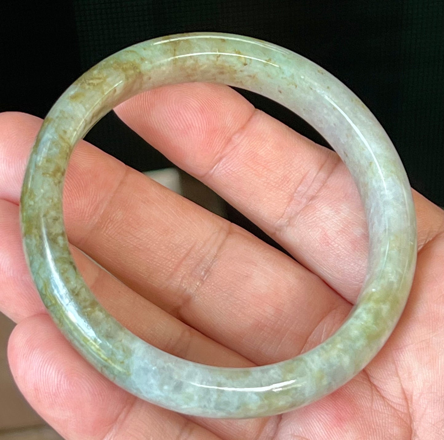 Natural Burmese Jadeite Jade Bangle – Icy Grayish Milky White with Forest Green & Honey Hues – 58.8mm – JB512