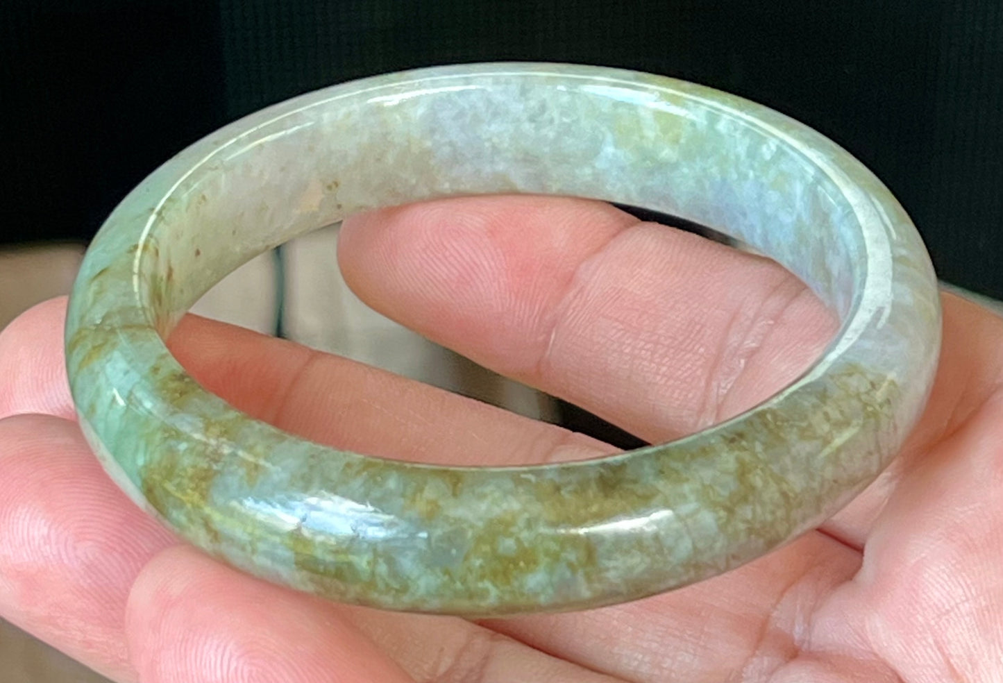 Natural Burmese Jadeite Jade Bangle – Icy Grayish Milky White with Forest Green & Honey Hues – 58.8mm – JB512