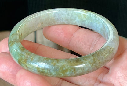 Natural Burmese Jadeite Jade Bangle – Icy Grayish Milky White with Forest Green & Honey Hues – 58.8mm – JB512