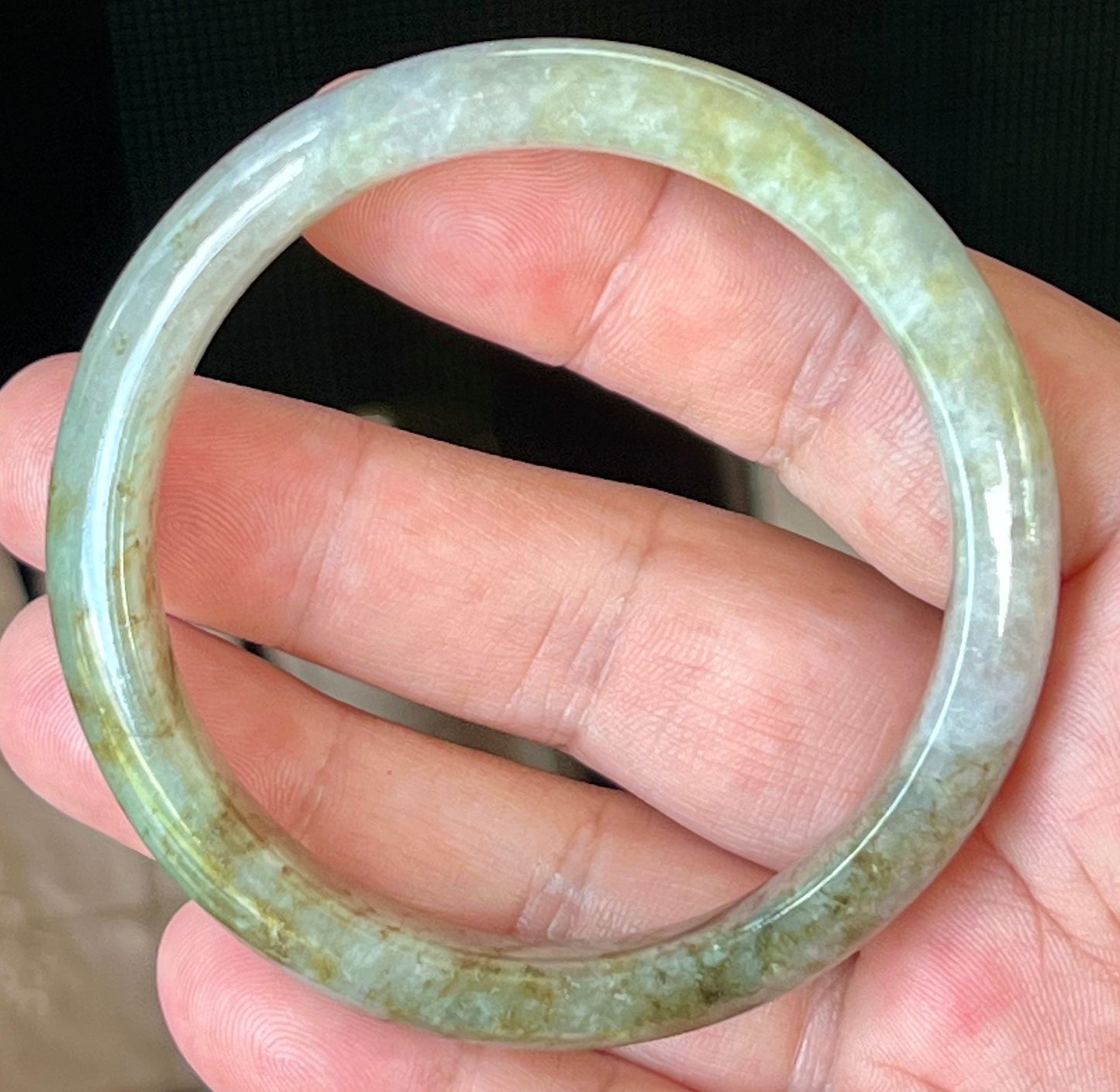 Natural Burmese Jadeite Jade Bangle – Icy Grayish Milky White with Forest Green & Honey Hues – 58.8mm – JB512