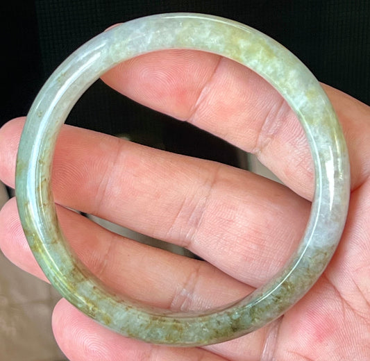 Natural Grade A Burmese Jadeite Jade Bangle – Icy Grayish Milky White with Forest Green & Honey Hues – 58.8mm – JB512
