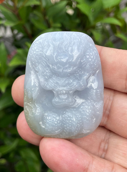 Natural Grade A Certified Burmese Jadeite Jade Pendant – Icy Lavender & Moss Green – Hand-Carved Dragon Motif – JP055