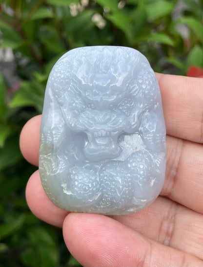 Natural Certified Burmese Jadeite Jade Pendant – Icy Lavender & Moss Green – Hand-Carved Dragon Motif – JP055