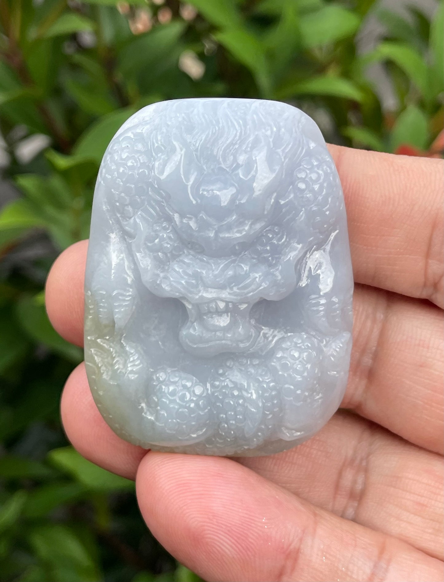 Natural Certified Burmese Jadeite Jade Pendant – Icy Lavender & Moss Green – Hand-Carved Dragon Motif – JP055