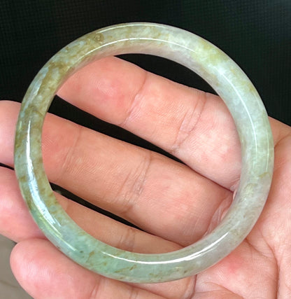 Natural Burmese Jadeite Jade Bangle – Icy Grayish Milky White with Forest Green & Honey Hues – 58.8mm – JB512