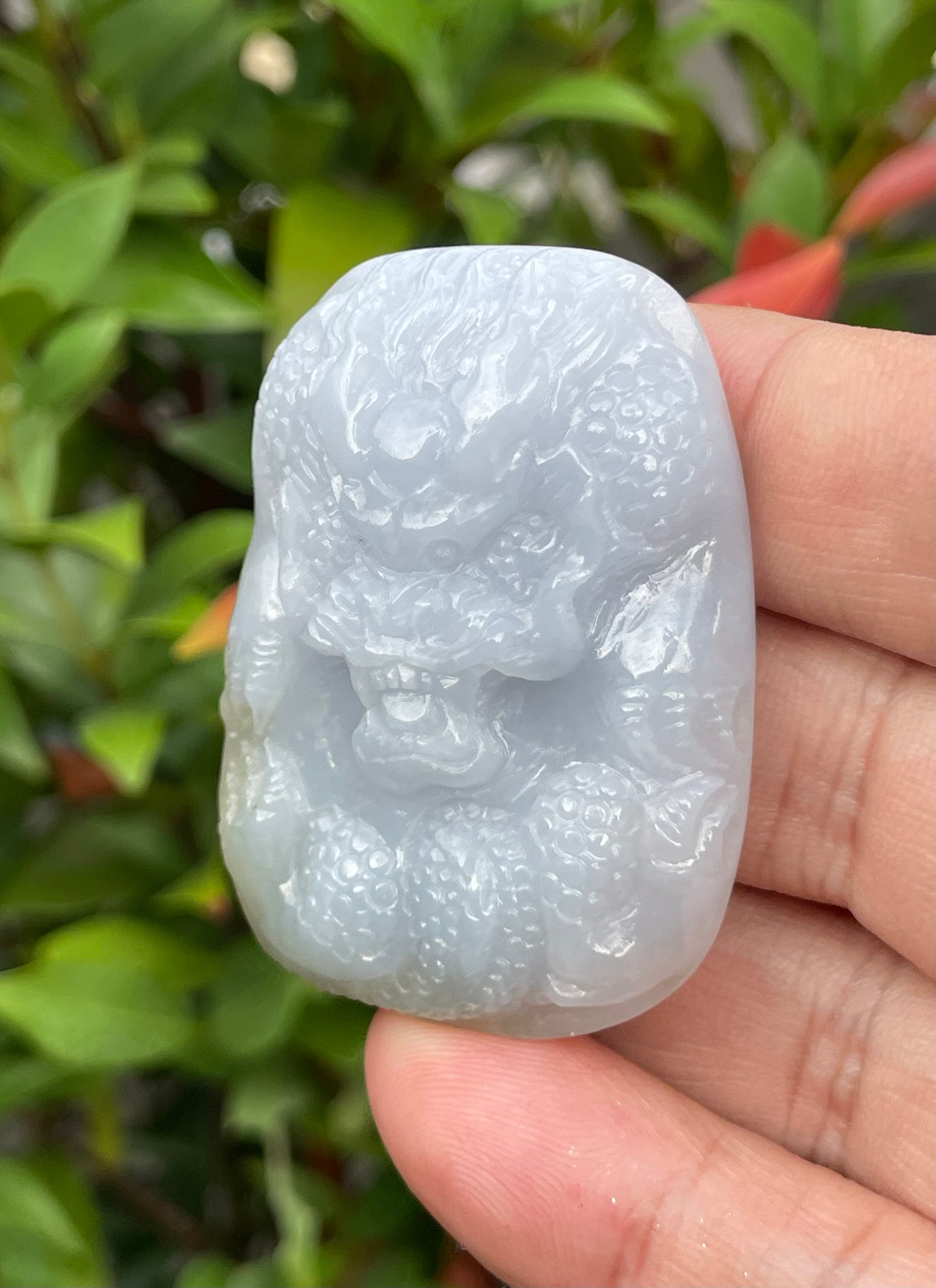 Natural Certified Burmese Jadeite Jade Pendant – Icy Lavender & Moss Green – Hand-Carved Dragon Motif – JP055