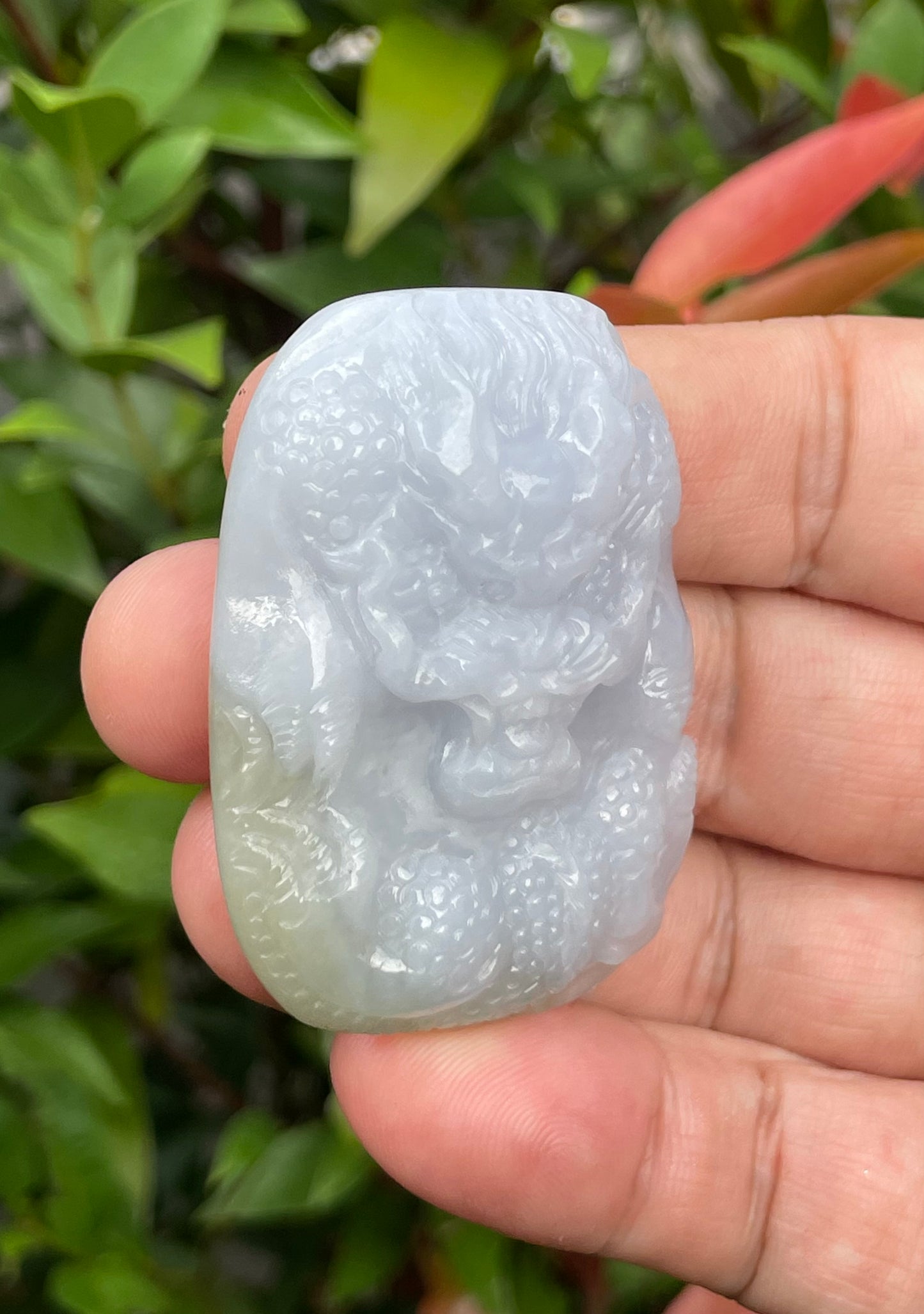 Natural Certified Burmese Jadeite Jade Pendant – Icy Lavender & Moss Green – Hand-Carved Dragon Motif – JP055