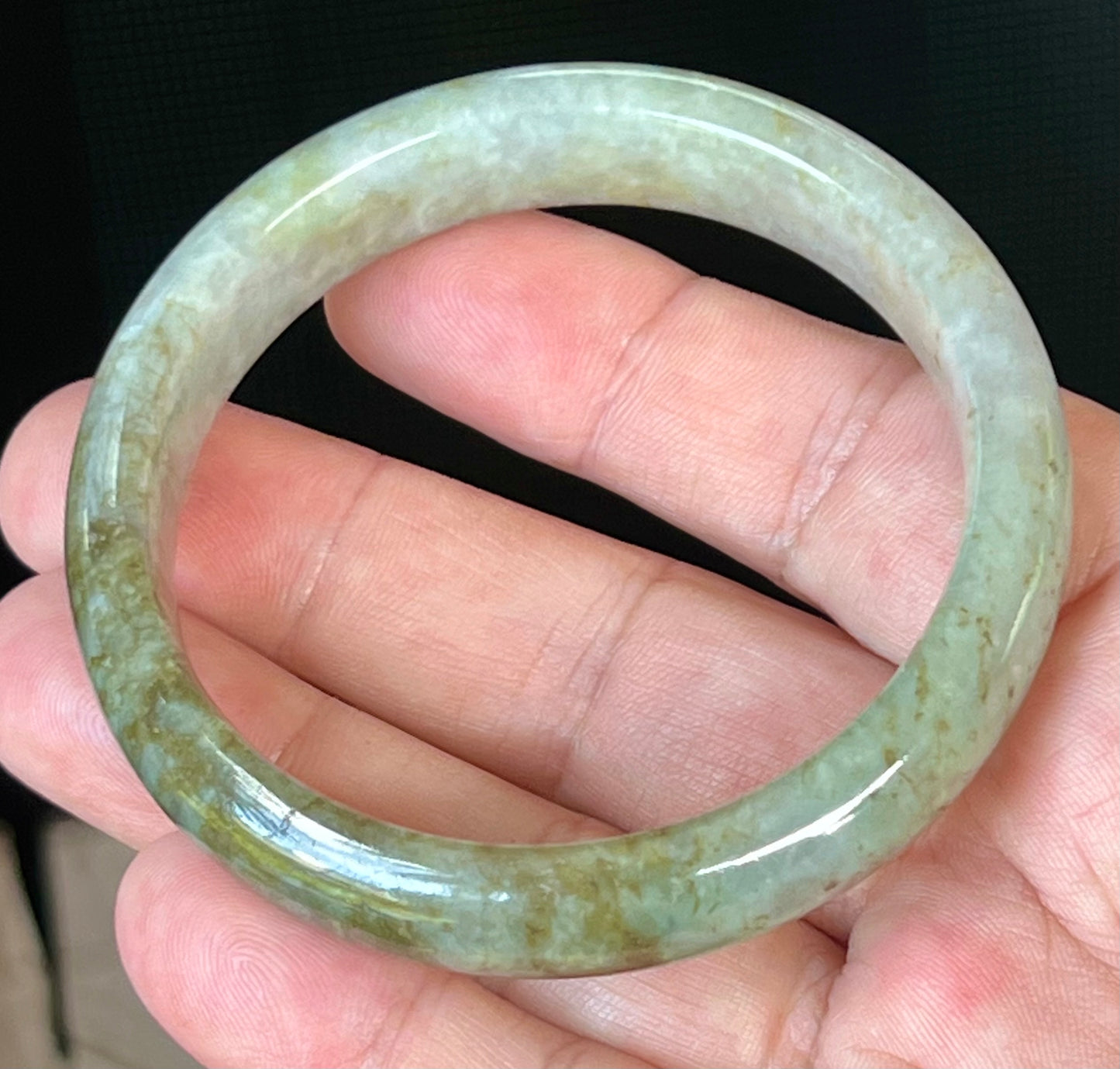 Natural Burmese Jadeite Jade Bangle – Icy Grayish Milky White with Forest Green & Honey Hues – 58.8mm – JB512