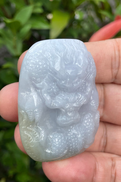 Natural Certified Burmese Jadeite Jade Pendant – Icy Lavender & Moss Green – Hand-Carved Dragon Motif – JP055
