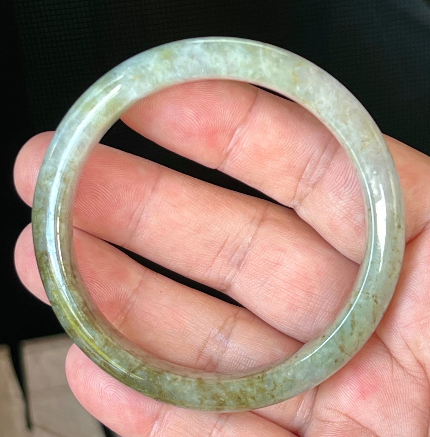 Natural Burmese Jadeite Jade Bangle – Icy Grayish Milky White with Forest Green & Honey Hues – 58.8mm – JB512