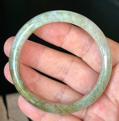 Natural Burmese Jadeite Jade Bangle – Icy Grayish Milky White with Forest Green & Honey Hues – 58.8mm – JB512