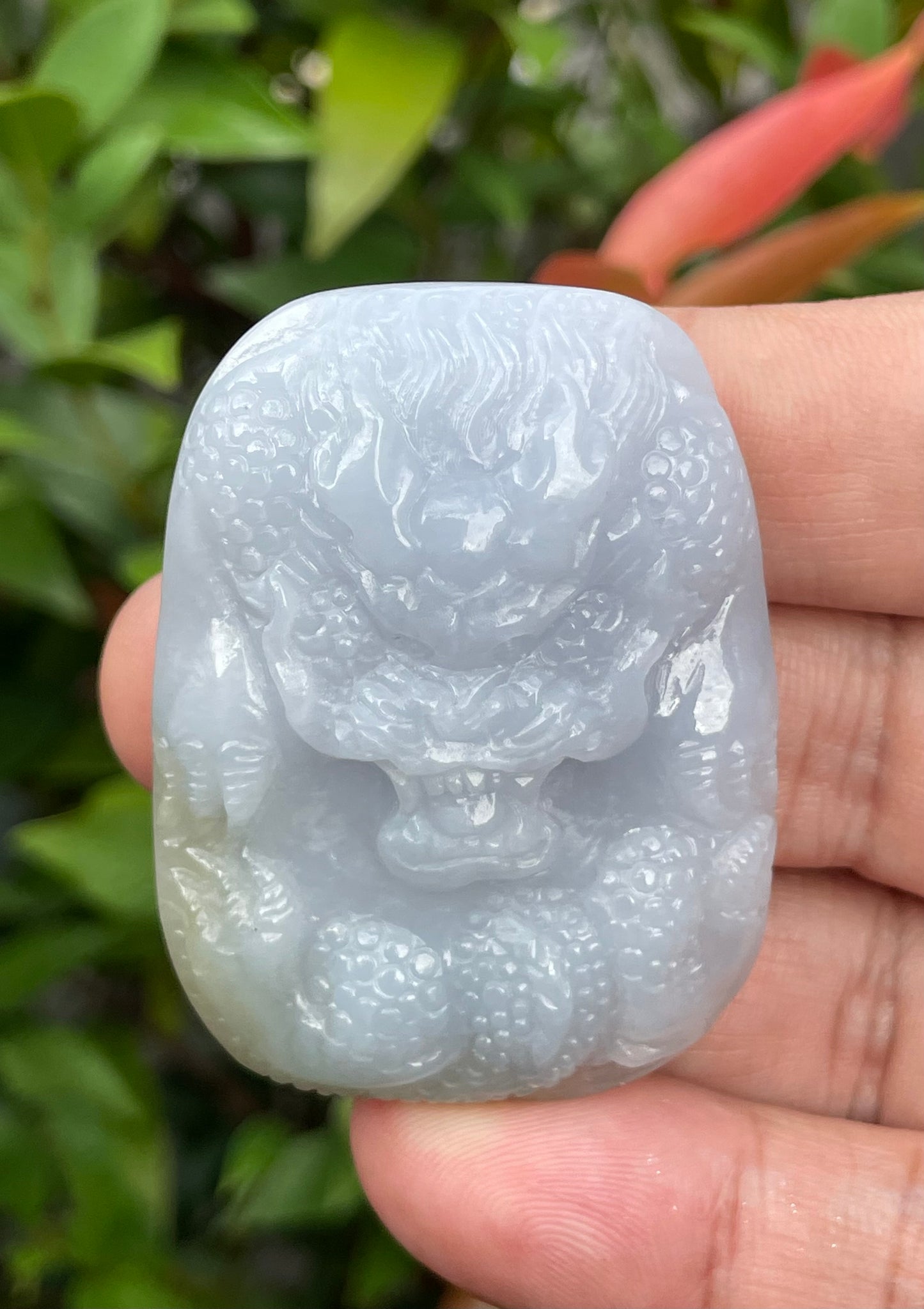 Natural Certified Burmese Jadeite Jade Pendant – Icy Lavender & Moss Green – Hand-Carved Dragon Motif – JP055
