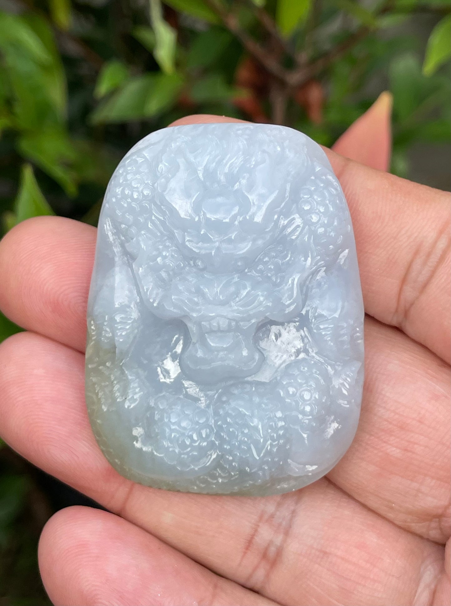 Natural Certified Burmese Jadeite Jade Pendant – Icy Lavender & Moss Green – Hand-Carved Dragon Motif – JP055