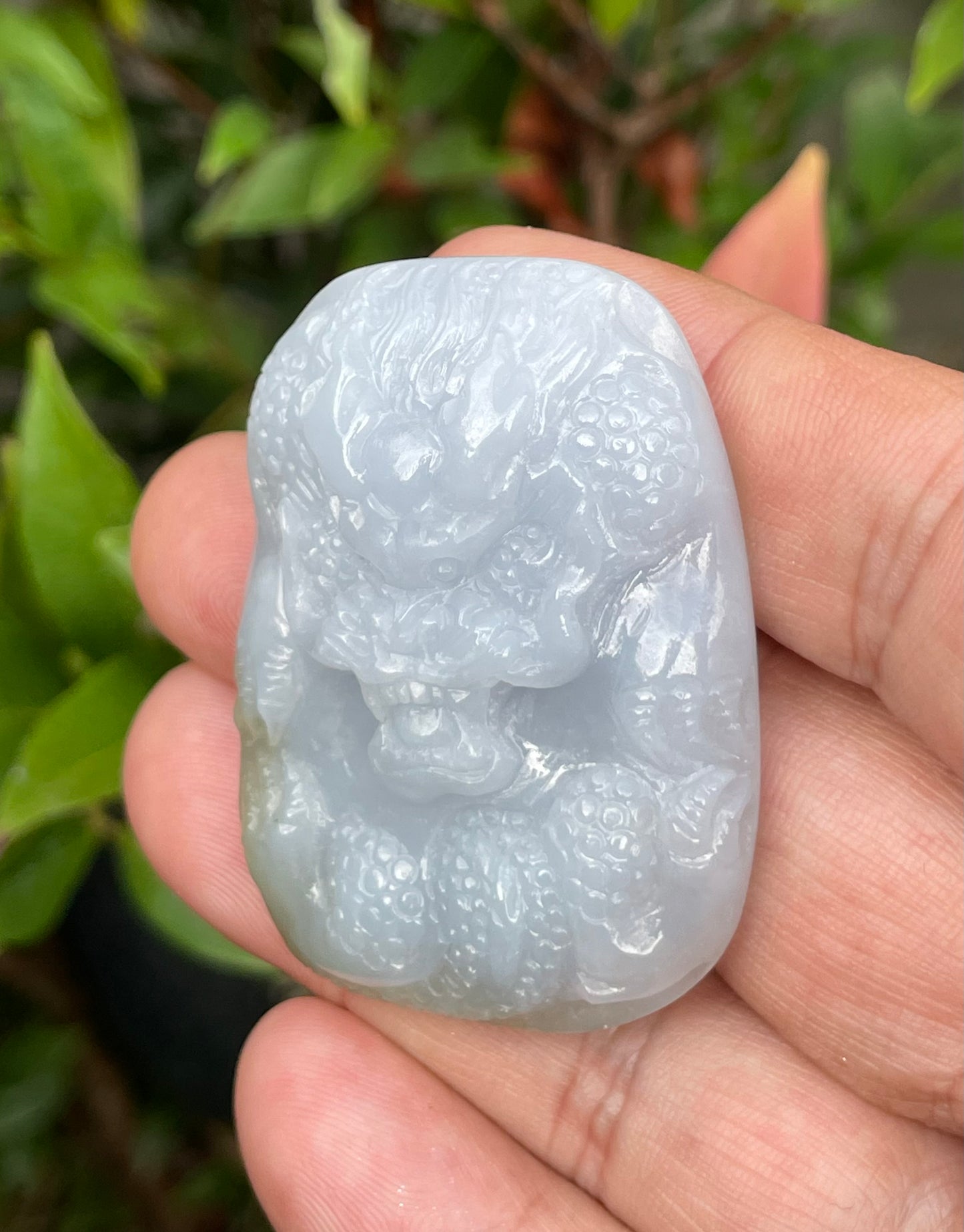 Natural Certified Burmese Jadeite Jade Pendant – Icy Lavender & Moss Green – Hand-Carved Dragon Motif – JP055