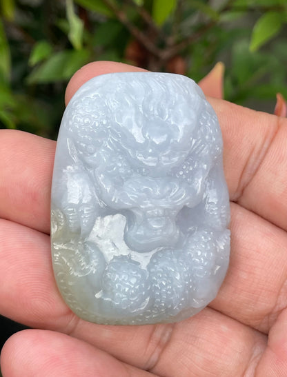 Natural Certified Burmese Jadeite Jade Pendant – Icy Lavender & Moss Green – Hand-Carved Dragon Motif – JP055
