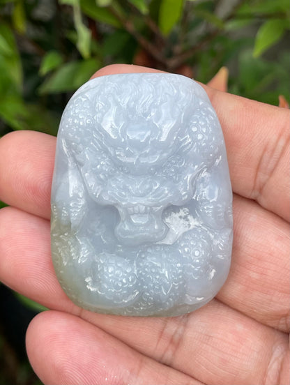 Natural Certified Burmese Jadeite Jade Pendant – Icy Lavender & Moss Green – Hand-Carved Dragon Motif – JP055