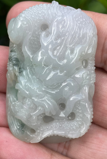 Natural Certified Burmese Jadeite Jade Pendant – Icy Imperial Green & Milky White – Hand-Carved Dragon Motif – JP056
