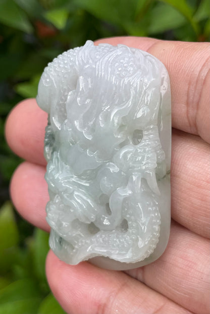 Natural Certified Burmese Jadeite Jade Pendant – Icy Imperial Green & Milky White – Hand-Carved Dragon Motif – JP056
