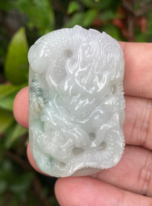 Natural Grade A Certified Burmese Jadeite Jade Pendant – Icy Imperial Green & Milky White – Hand-Carved Dragon Motif – JP056