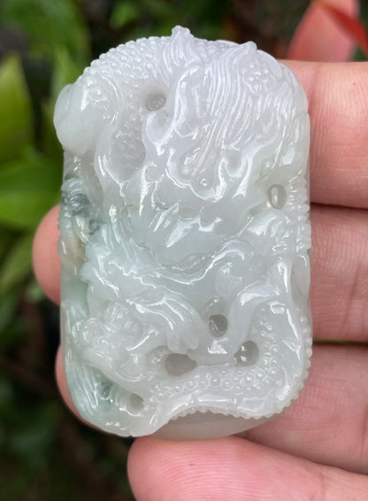 Natural Certified Burmese Jadeite Jade Pendant – Icy Imperial Green & Milky White – Hand-Carved Dragon Motif – JP056