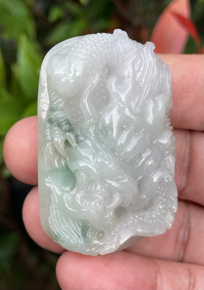 Natural Certified Burmese Jadeite Jade Pendant – Icy Imperial Green & Milky White – Hand-Carved Dragon Motif – JP056