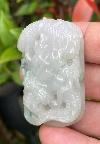 Natural Certified Burmese Jadeite Jade Pendant – Icy Imperial Green & Milky White – Hand-Carved Dragon Motif – JP056