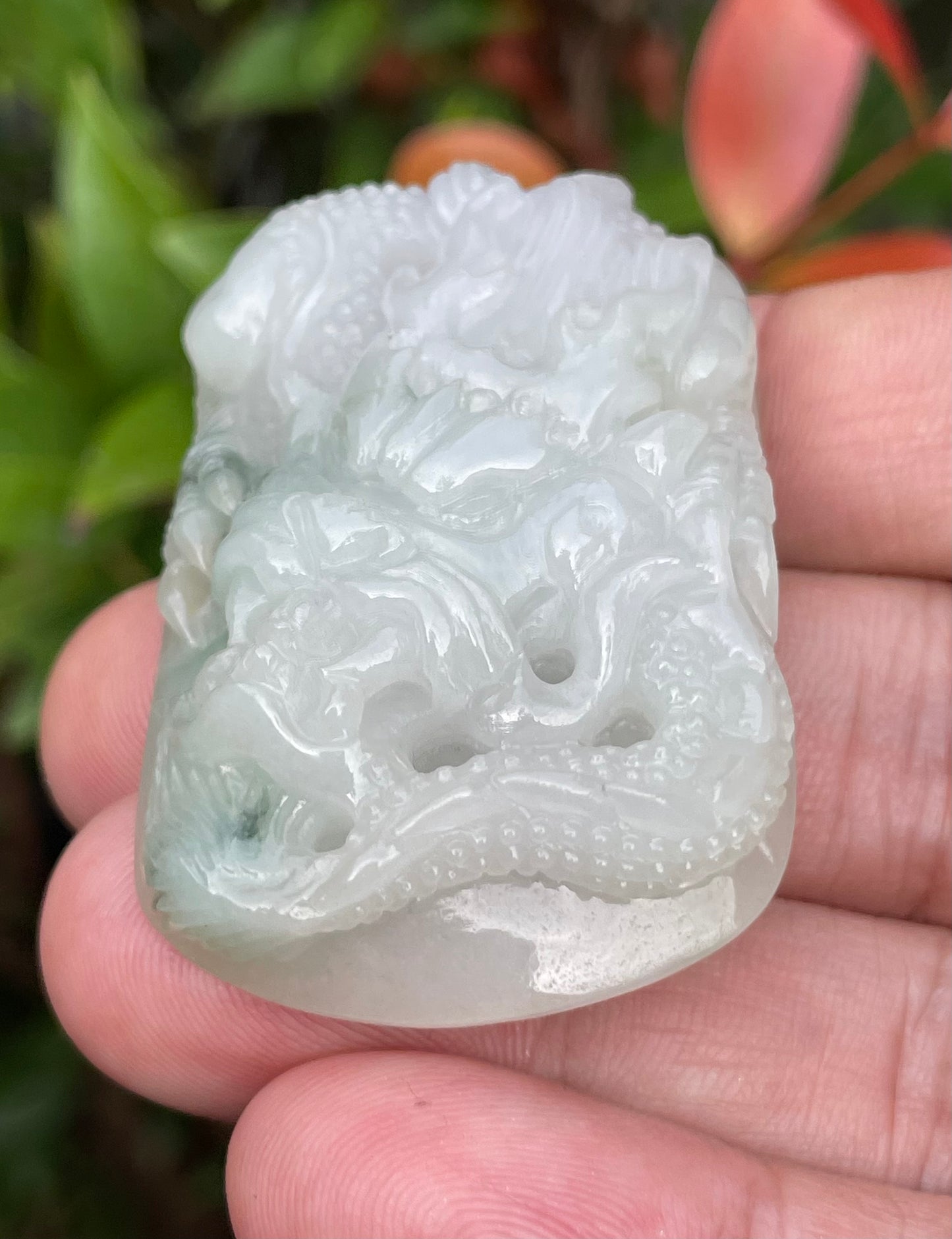 Natural Certified Burmese Jadeite Jade Pendant – Icy Imperial Green & Milky White – Hand-Carved Dragon Motif – JP056