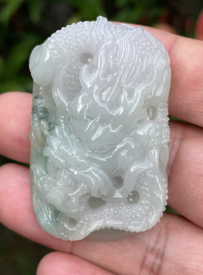 Natural Certified Burmese Jadeite Jade Pendant – Icy Imperial Green & Milky White – Hand-Carved Dragon Motif – JP056