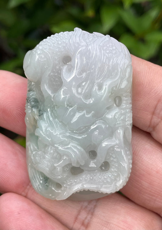Natural Certified Burmese Jadeite Jade Pendant – Icy Imperial Green & Milky White – Hand-Carved Dragon Motif – JP056