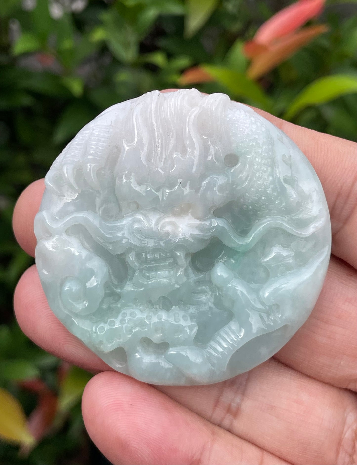 Natural Certified Burmese Jadeite Jade Pendant – Icy Bluish Milky White & Imperial Green – Hand-Carved Dragon & Twin Fish Motif – JP053