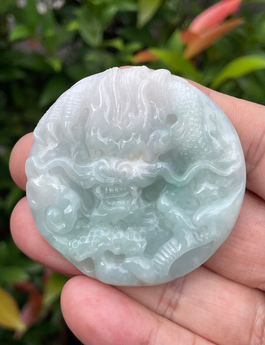 Natural Grade A Certified Burmese Jadeite Jade Pendant – Icy Bluish Milky White & Imperial Green – Hand-Carved Dragon & Twin Fish Motif – JP053
