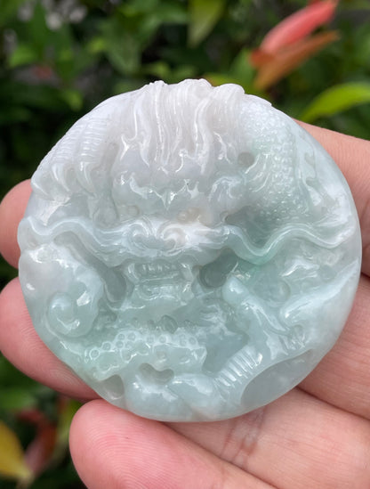Natural Certified Burmese Jadeite Jade Pendant – Icy Bluish Milky White & Imperial Green – Hand-Carved Dragon & Twin Fish Motif – JP053