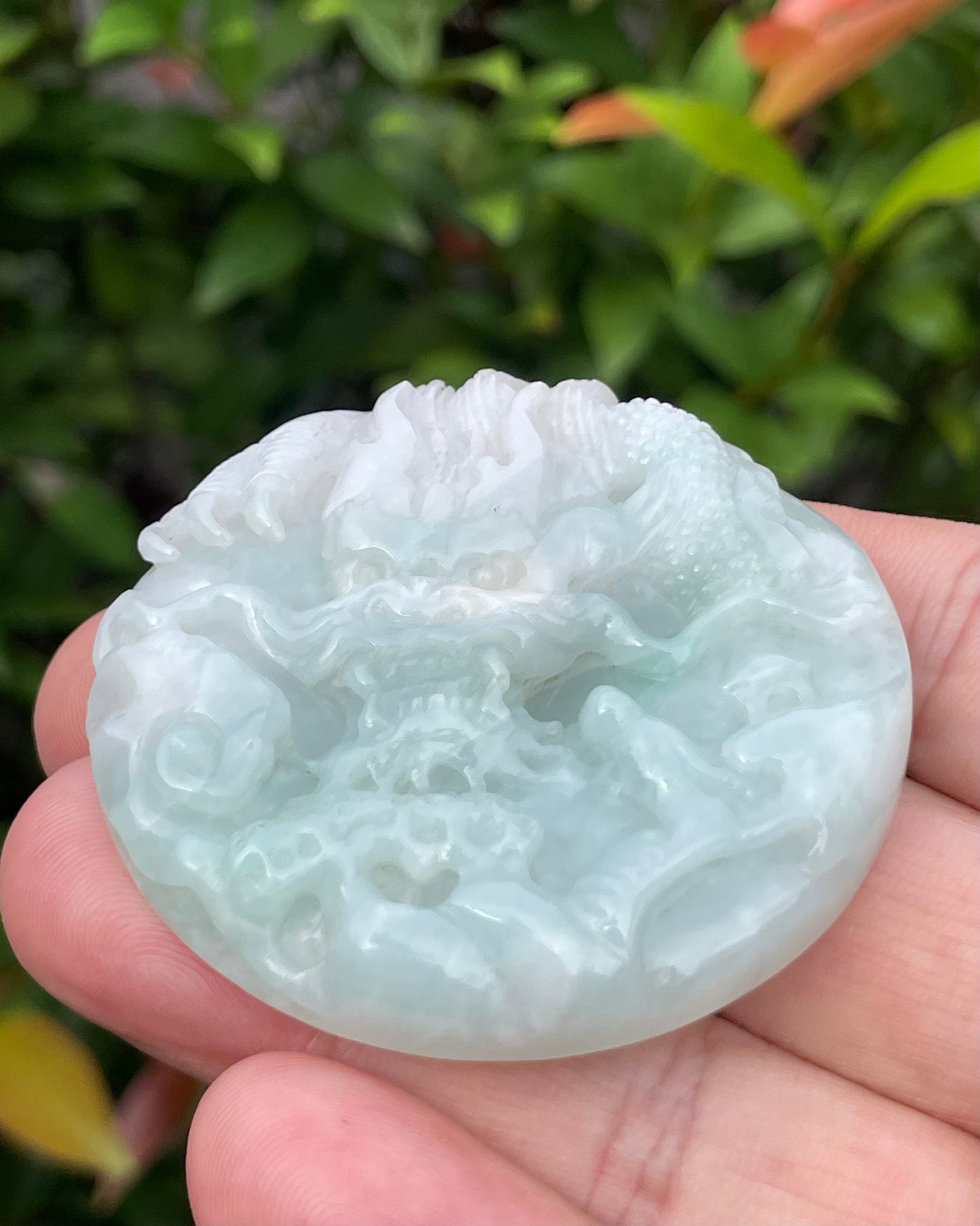 Natural Certified Burmese Jadeite Jade Pendant – Icy Bluish Milky White & Imperial Green – Hand-Carved Dragon & Twin Fish Motif – JP053