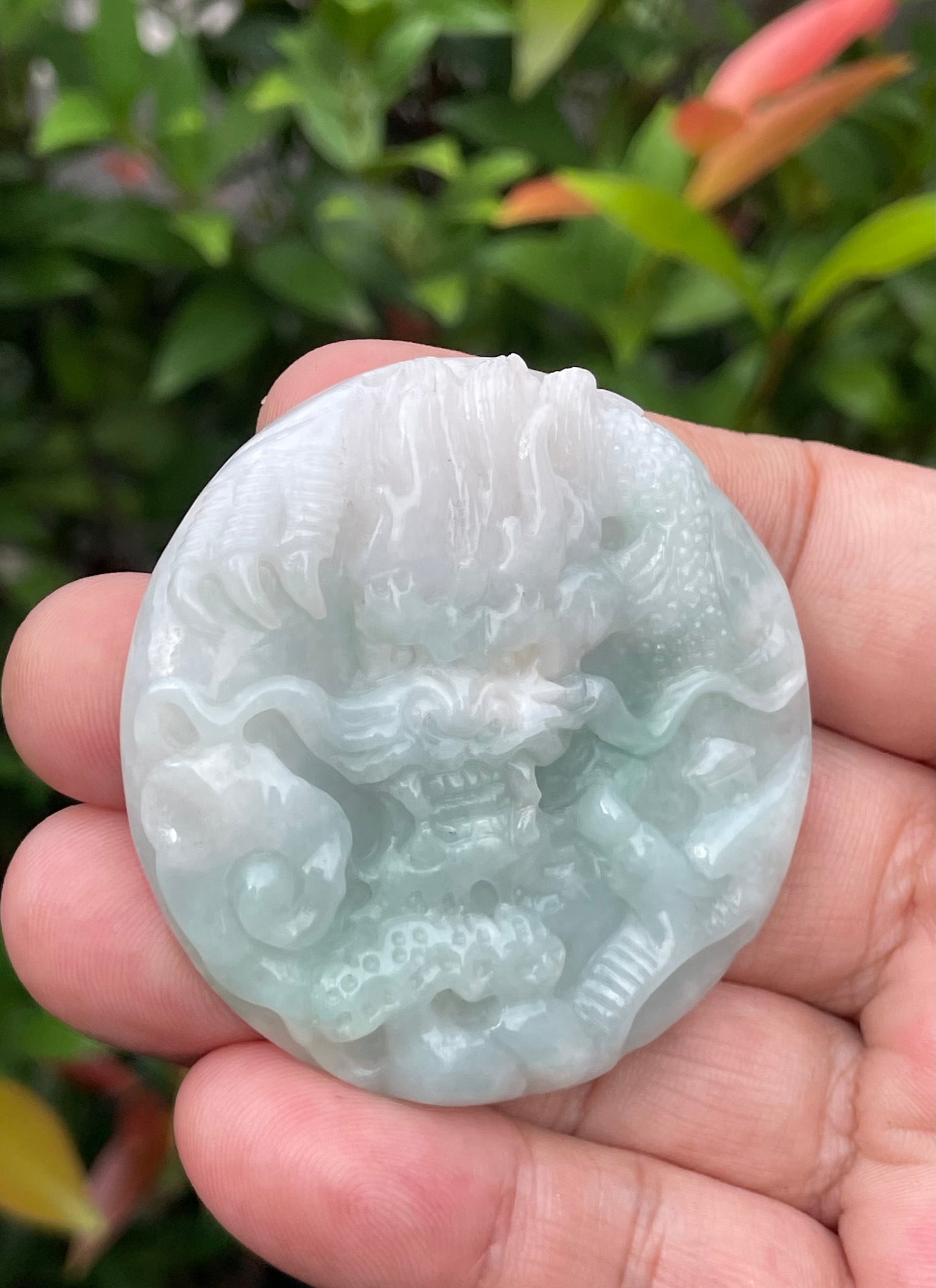 Natural Certified Burmese Jadeite Jade Pendant – Icy Bluish Milky White & Imperial Green – Hand-Carved Dragon & Twin Fish Motif – JP053