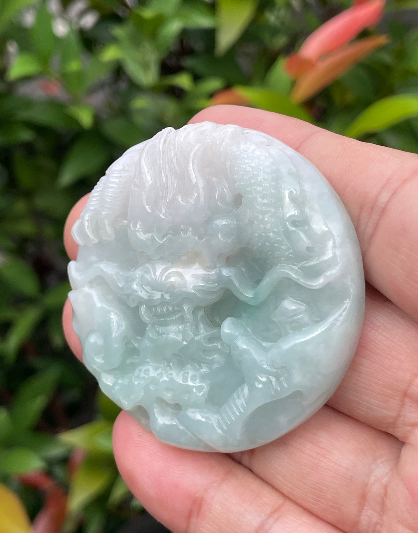 Natural Certified Burmese Jadeite Jade Pendant – Icy Bluish Milky White & Imperial Green – Hand-Carved Dragon & Twin Fish Motif – JP053